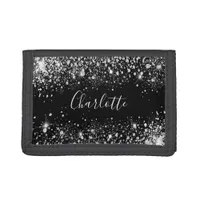 Black silver glitter dust monogram name script trifold wallet