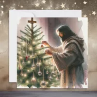 Jesus the Messiah Decorating Christmas Tree Holiday Card