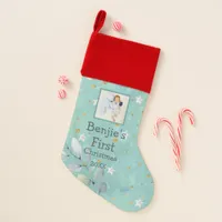 Baby First Christmas Photo Teal Stars Typography Christmas Stocking