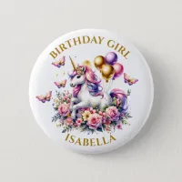 Pretty Pink, Purple and Gold Unicorn Birthday Girl Button