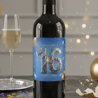 Glamorous Blue Gold Glitter Sweet 16 Birthday Wine Label