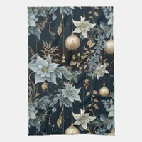 Blue and Gold Christmas Ornaments Poinsettias Kitchen Towel