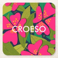 Tropical Flowers Welsh Welcome Square Paper Coaster