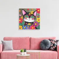 Cute Folk Art Black Cat and Flowers Canvas Print