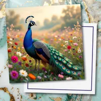 Beautiful Peacock in Field of Flowers  Card