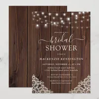 Rustic Wood and String Lights Lace Bridal Shower Invitation
