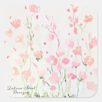 Soft Delicate Pink and Green Watercolor Flowers Square Sticker