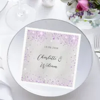 Wedding silver violet sparkles names napkins