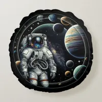 Vintage Astronaut and Planets Round Pillow