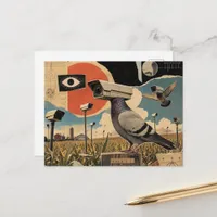 The Surreal Spy Pigeons in the Fields Collage Postcard