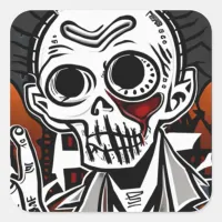 Creepy Black and Orange Skeleton Halloween Square Sticker