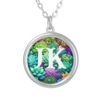 Aloe Vera and Succulents Collage Monogrammed Silver Plated Necklace