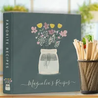 Green Linen Wildflowers Personalized Recipe 3 Ring Binder