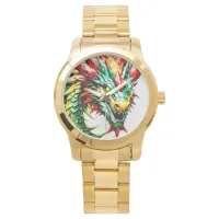 Fire breathing dragon red, green, and yellow scale watch