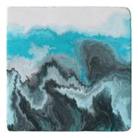 Aqua Blue Gray and Black Waves Abstract Modern Art Trivet