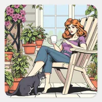 A Women with Coffee, Cat and  Plants Square Sticker