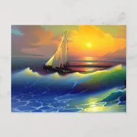 Ocean Waves, Sailboat and Sunset Reflection Postcard