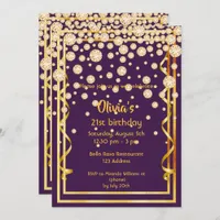 21st birthday party chic purple diamonds faux gold invitation