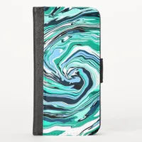 Blue, Teal, Turquoise and White Swirls Marble Art iPhone X Wallet Case