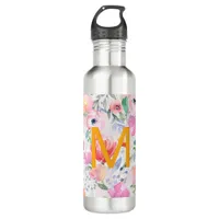 Blush pink purple florals watercolor monogram stainless steel water bottle