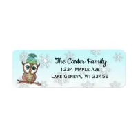 Cute Watercolor Owl with Snowflakes Background Label