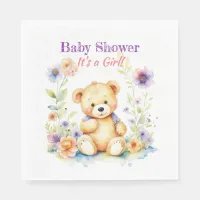 Teddy Bear in Flowers Girl's Baby Shower Napkins