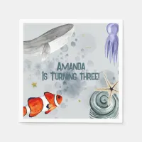 Watercolor Ocean Animals Kids Birthday Party Blue  Napkins