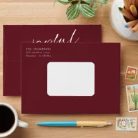 Joyful White Script Return Name Address Burgundy Envelope