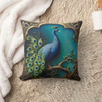 Peacock Showing Feathers on Bright Background Throw Pillow