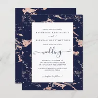 Budget Navy Blue Rose Gold Marble Wedding Invite