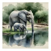 Watercolor Illustration of Mama and Baby Elephant Acrylic Print