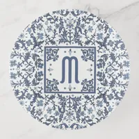 Fancy Blue Graphic Floral Pattern Monogram Trinket Tray