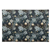 Blue and Gold Christmas Ornaments Poinsettias Cloth Placemat