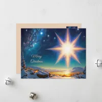 Christmas star, charming winter landscape at night holiday card