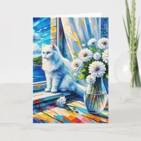 White Cat in Window sill Looking out at the Ocean Card