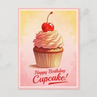 Vintage Yellow Pink Cherry Cupcake Birthday Card