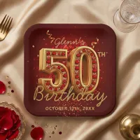 Elegant Burgundy Gold Ruby Gem 50th Birthday Party Paper Plates
