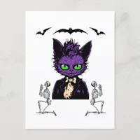 Purple Halloween Cat with Bats and Skeletons Postcard