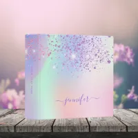 Holographic pink purple sparkles name 3 ring binder