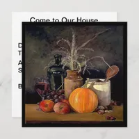 Autumn Decorations on Table, Pumpkin, Fruit, Drink Invitation
