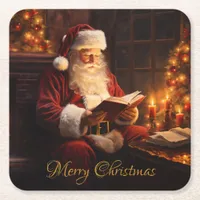 Vintage Santa Reading a Book Square Paper Coaster