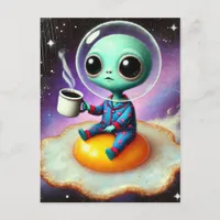 Adorable Alien Floating Egg in Space With Coffee Postcard