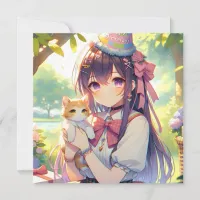 Pretty Anime Holding Kitten Girl's Birthday Invitation