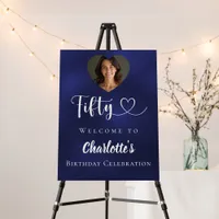 Navy blue 50th birthday party photo heart welcome foam board