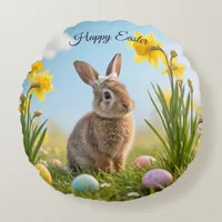 Cute Easter Bunny and Daffodil  Round Pillow