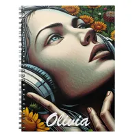 Beautiful Woman with Headphones in Sunflowers Notebook