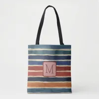 Watercolor Stripes Brick Color Block Monogram Tote Bag