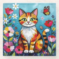 Impasto Cat, Flowers & Butterfly Glass Coaster