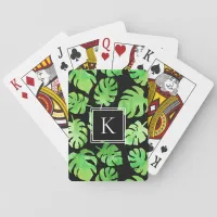 Bold Tropical Green Watercolor Leaves Monogram Poker Cards