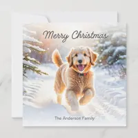 Cute Goldendoodle Dog In Snow Merry Christmas Holiday Card